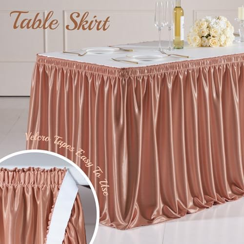 14ft Length Dusty Rose Satin Table Skirt for Rectangle Tables, Wrinkle Resistant Pleated Ruffle Table Cloth Glitter Desk Skirting for Weddings Banquet Birthday Party Bridal Shower Decorations - Image 4