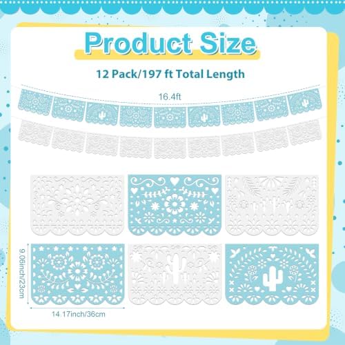 Tiamon 12 Pack Mexican Party Decorations Plastic Papel Picado Banner Garland Waterproof Cielito Lindo Decor for Baby Shower Day of The Dead Wedding Cinco De Mayo Outdoor Decor (Blue White) - Image 2