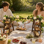 Wooden 3 Tier Cupcake Stand with Swing, Star String Lights & Champagne Flower Vine, Rustic Dessert Table Display Set, Tiered Food Serving Tray for Party, Wedding, Catering Centerpieces - Image 5