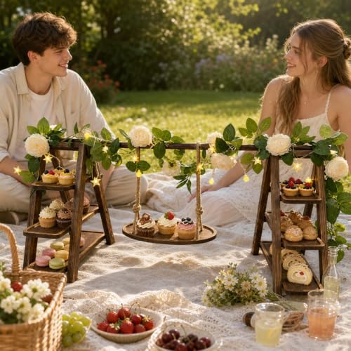 Wooden 3 Tier Cupcake Stand with Swing, Star String Lights & Champagne Flower Vine, Rustic Dessert Table Display Set, Tiered Food Serving Tray for Party, Wedding, Catering Centerpieces - Image 5