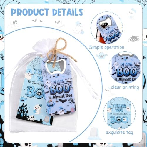 24 Sets Halloween Bottle Openers Baby Shower Party Favors, Blue Black Bottle Opener Keychain Set with Thank You Tags Organza Bags for A Little Boo Is Almost Due Party Guest Gifts Decor - Image 5
