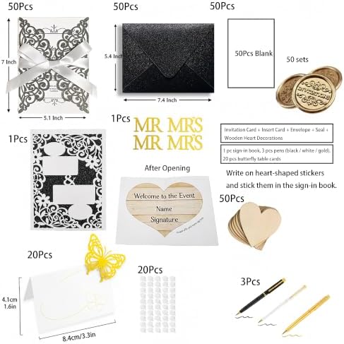 50Pcs Laser Cut Black Wedding Invitation With Glitter Envelopes And Ribbons Blank Personalized Card Invitaciones Para quinceañera Birthday Baby Shower Christmas Party Bridal Shower - Image 2