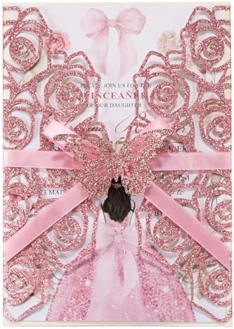 50Pcs Pink Butterfly Wedding Invitations with Envelopes and Rsvp Cards by AdasBridal