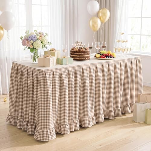 Flutesan 14 ft Brown Gingham Table Skirt for Rectangle Tables - Image 3