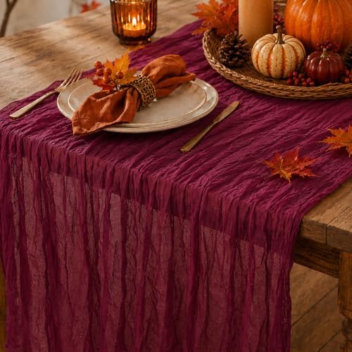 12 Pack Burgundy Red Cheesecloth Table Runner 120 Inch Boho Wedding Decor by Fixwal