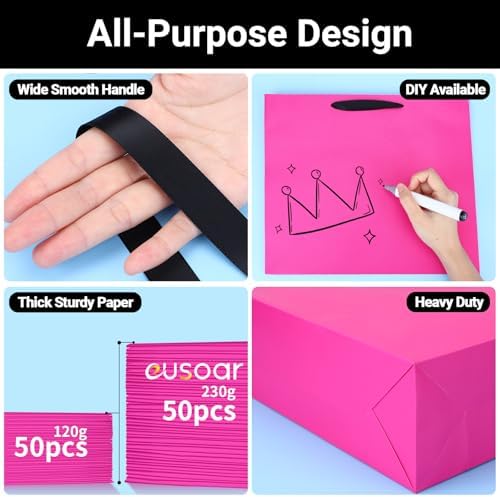 EUSOAR Hot Pink Gift Bags, 50pcs 12.5"x4.5"x11" Paper Gift Bags with Ribbon Handle, Gift Wrap Treat Thank You Bags Bulk for Wedding Party Favors Grocery Baby Shower Bridesmaid Birthday - Image 3