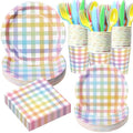 Funnymoom 400 Pcs Pastel Gingham Party Supplies for 50 Guests Pastel Pink Blue Yellow Checked Paper Plates and Napkins Cups Disposable Dinner Parties Set Cutlery for Holiday Spring Party Favor by Funnymoom