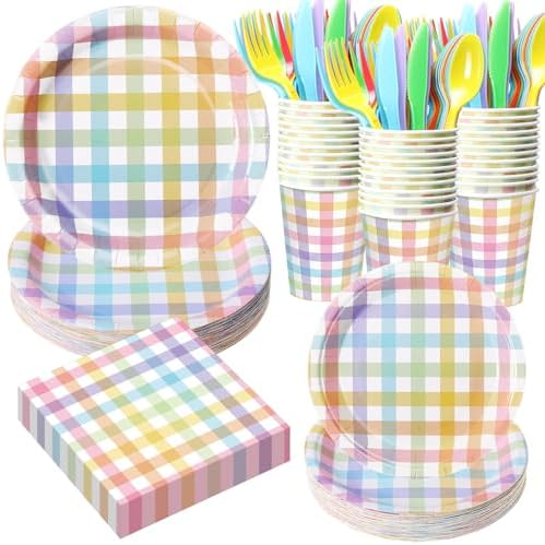 Funnymoom 400 Pcs Pastel Gingham Party Supplies for 50 Guests Pastel Pink Blue Yellow Checked Paper Plates and Napkins Cups Disposable Dinner Parties Set Cutlery for Holiday Spring Party Favor by Funnymoom