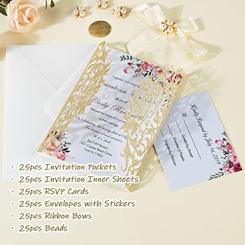 25Pcs Glitter Laser Cut Wedding Invitations with Envelopes and Rsvp Cards - Image 5