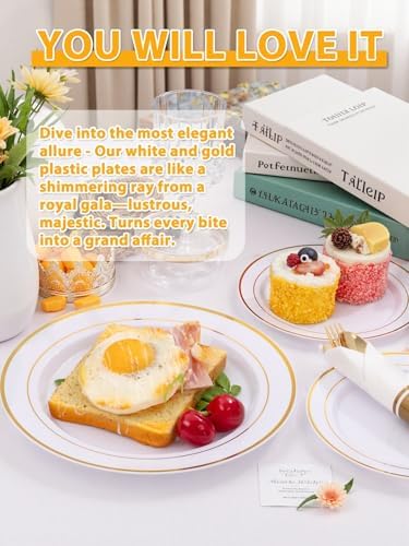 WDF Partyware 175PCS White and Gold Plastic Plates - Gold Plates with Rolled Napkins for Party - 25Guest Disposable Dinnerware Sets for Wedding/Baby Shower/Birthday - Image 4