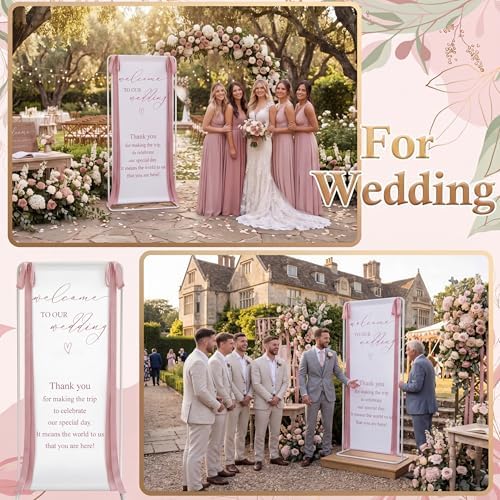 Wedding Welcome Linen Sign Stand with Satin Ribbon(Pink) - Image 3