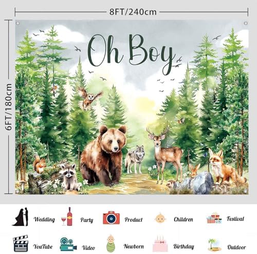 Woodland Animals Baby Shower Decoration Backdrop Oh Boy Banner 8x6ft - Image 3