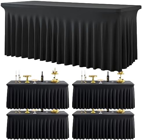 5 Pack Black Spandex Tablecloth for 6 Foot Rectangle Tables, Fitted Table Cloths 6ft Stretchy Table Cover Desk Skirt for Parties Weddings Birthday Banquet Graduation Metting Baby Shower by Htper