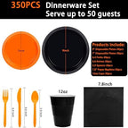 MirthMood 350PCS black and orange Plastic Plates,Black Disposable Plates –Plastic Plates Set Includes 50 Dinner,50 Dessert Plate,50 Cup&50 Napkins, 50 orange Silverware for Parties&Thanksgiving - Image 5