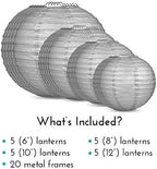 Quasimoon PaperLanternStore.com Ultimate 20-Piece Silver Paper Lantern Party Pack - Assorted Sizes of 6, 8, 10, 12 Inch (5 Round Lanterns Each) for Weddings, Birthday, Events and Decor - Image 3
