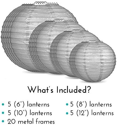 Quasimoon PaperLanternStore.com Ultimate 20-Piece Silver Paper Lantern Party Pack - Assorted Sizes of 6, 8, 10, 12 Inch (5 Round Lanterns Each) for Weddings, Birthday, Events and Decor - Image 3