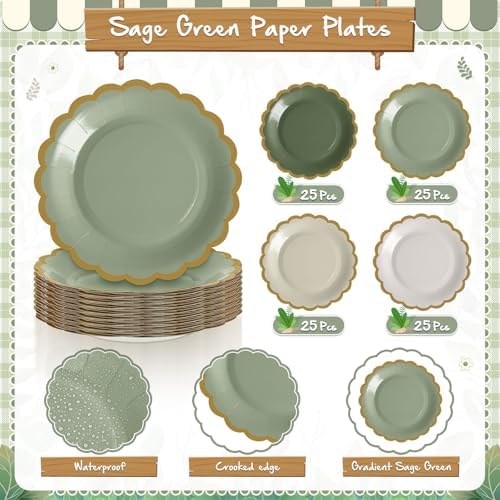 Mimorou 200 Pcs Sage Green Paper Plates Napkins - Image 5
