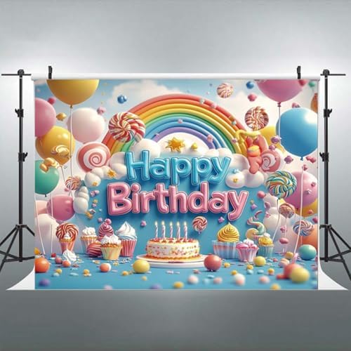 Happy Birthday Rainbow Candy Lollipop Balloons Cartoon Dreamy Background One 1st Birthday Backdrop with Colorful Balloons Lollipops and Cake for Kids Baby Showers and More Party Backdrop(C, 9x6feet) - Image 5