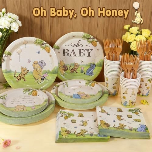 300Pcs Classic Winnie Bear Baby Shower Decorations Plates Set for 50 Guests - Image 5