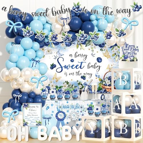 Party Inspo Blueberry Baby Shower Decorations – 126 PCs Fruit Themed Blue Berry Party Supplies with A Berry Sweet Baby Is on the Way Backdrop, Balloon Garland, Cake Topper, Sash, Badges by Unknown