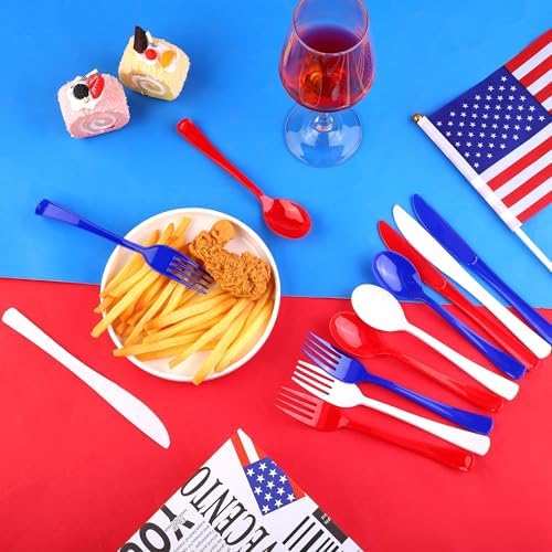 Kochorie 300 Pieces 4th of July Plastic Silverware, Heavy Duty Independence Day Cutlery Set, Disposable Plastic Utensils Includes Spoons Forks Knives for Memorial Day Veterans Day, Red Blue White - Image 4