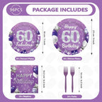 96Pcs Purple and Silver 60th Birthday Party Decorations for Women Serves 24 - Image 5