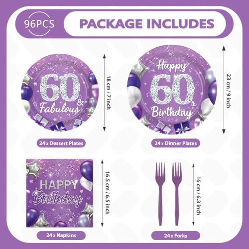 96Pcs Purple and Silver 60th Birthday Party Decorations for Women Serves 24 - Image 5