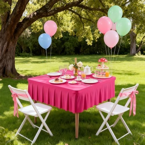 2 Pack Hot Pink Spandex Tablecloths for 34x34 Inch Square Tables, Stretch Fitted Table Clothes with Pleated Ruffle Skirt for 34” Table, Wrinkle Free and Elastic, for Party Kitchen Home Dining - Image 3