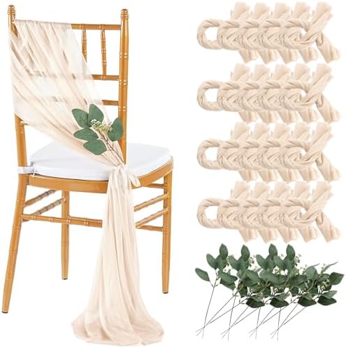 QueenDream Sheer Fabric Wedding Chair Sashes: 36PCS Tulle Church Chair Cover Long Chairs Bows Aisle Drapes Party Decorations Champagne by QueenDream