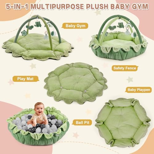 5-in-1 Baby Activity Gym & Play Mat with 6 Hanging Toys, Tummy Time Mat & Cards - Extra Large, Reversible Machine Washable Pad - Gift for Newborns, Infants 0-12 Months, Green - Image 2