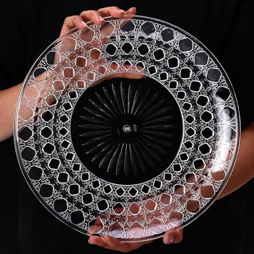 10 Pcs Round Plastic Serving Platters Bulk Clear Plastic Tray Acrylic Crystal Flan Plates Diamond Embossed Dinnerware for Party Food Cake Cookie Fruits Birthday Wedding Supplies(13.8 Inch) - Image 3