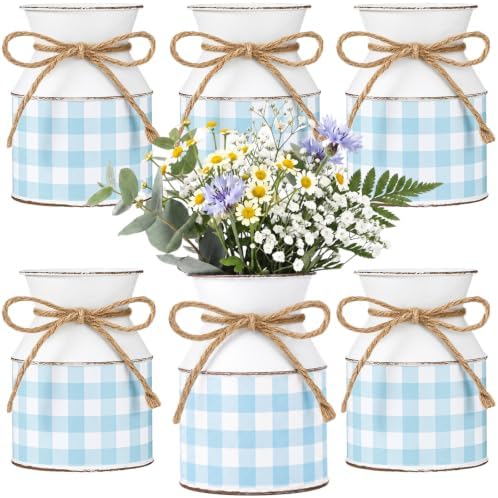 Domensi 6 Pcs Farmhouse Metal Flower Vase, Blue Gingham Table Centerpiece by Domensi