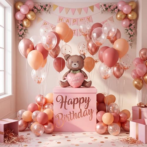 28in Extra Large Birthday Gift Box with Big Bear Foil Balloon and 12in Rose Gold Balloon Set Jumbo Giant Gift Box Decoration Kit with Happy Birthday Stickers - Image 4