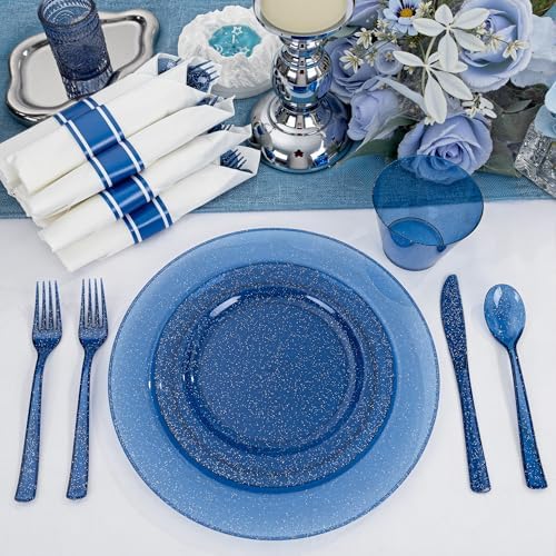 DaYammi 210PCS Cobalt Blue Glitter Plastic Dinnerware Set for 30 Guests - Image 4