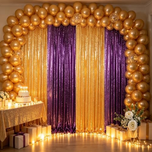 ShinyBeauty Sequin Backdrop Curtains 4 Panels 8ft Gold Purple - Image 3