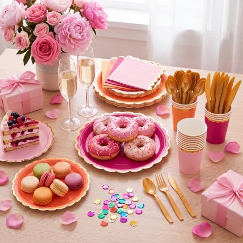 Kochorie 336PCS Pink & Orange Disposable Dinnerware Set Serves 48 Guests - Image 4