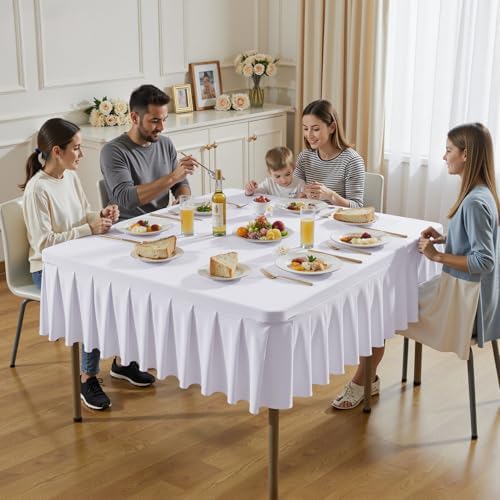Wish Care White Spandex Tablecloths for 54x54 Inch Square Tables, Stretch Fitted Table Clothes with Pleated Ruffle Skirt for 54” Table, Wrinkle Free and Elastic, for Party Kitchen Home Dining - Image 4