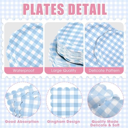 Funnymoom 400 Pcs Gingham Party Supplies for 50 Guests Pink and Blue Paper Plates and Napkins Set Knives Spoons Forks Cups Disposable Dinner Party Cutlery for Gender Reveal Baby Shower Birthday - Image 3