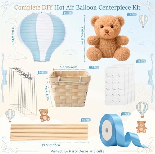 Meooeck 14 Sets Bear Hot Air Balloon Baby Shower Centerpiece, Blue - Image 2