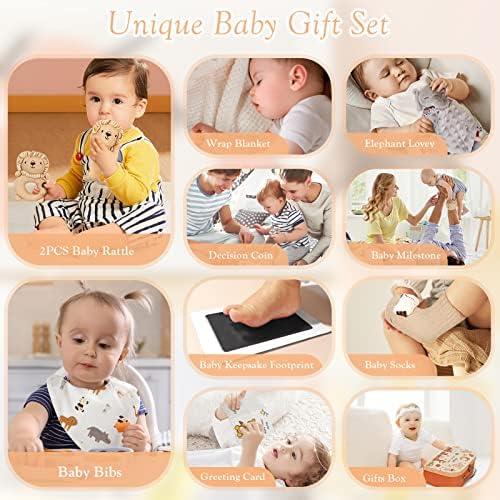 Baby Gift Set for Newborn - 11PCS Baby Shower Gifts Basket with Baby Blanket Baby Rattle, Wooden Keepsake Milestone Elephant Toy Decision Coin & Baby Bibs Socks Essentials for Baby Girls Boys - Image 2