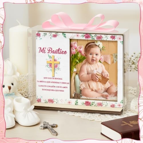 CJiangpo Spanish Baptism Picture Frame - 12 Set Catholic Mi Bautizo Gifts for Girls, Baby Shower Favor Pink Flower Wood Photo Frame with Bows and Clear Plastic Boxes Religious First Communion Decor - Image 6