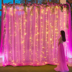 10×10ft Hot Pink Tulle Backdrop Curtain with Lights String for Parties, Sheer Photo Backdrop Curtains for Wedding Party Photography Background - Image 3