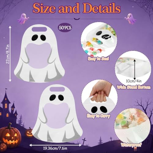 Qinyoung 50 Pcs Halloween Ghost Gift Bags Plastic Candy Treat Bags - Image 3