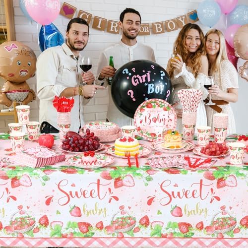 Funnymoom 452 Pcs Strawberry Baby Shower Decorations Party Supplies Strawberry Paper Plates Napkins Cups Tablecloth Cutlery Straws Tableware for a Berry Sweet Baby Is on the Way Decorations - Image 4