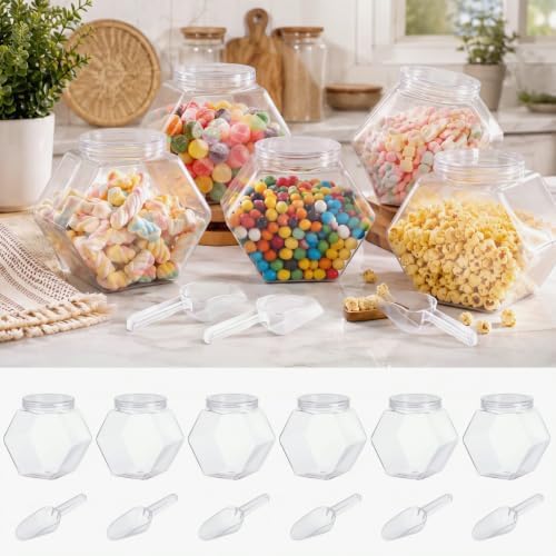 Hoolerry 12 Pcs Plastic Candy Jar with Scoops Set include 6 Hexagon Cookie Jars with Lid for Candy Buffet and 6 Candy Scoops 73 oz Large Storage Jar Clear Food Storage Canisters Kitchen Countertop Jar by Hoolerry