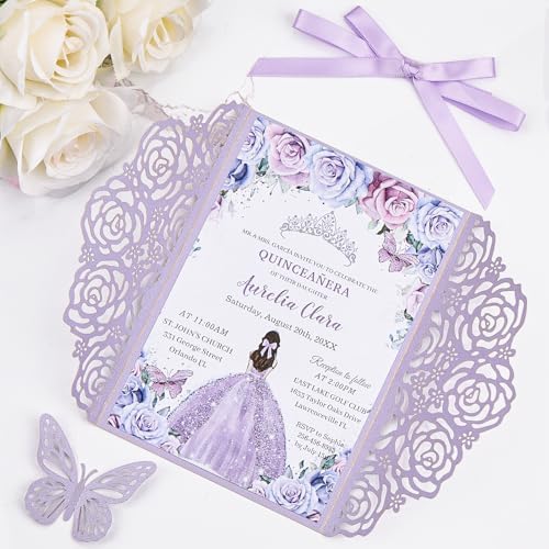 Purple Butterfly Laser Cut Wedding Invitations 50pcs Custom Invitation Card - Image 6