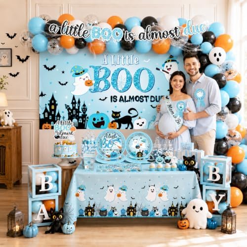 Blue Halloween Baby Shower Decorations Boy, All-in-1 A Little Boo is Almost Due Baby Shower Decorations with Balloon Arch Kit Baby Boxes Plates Napkins Cake Toppers Tablecloth Backdrop Spooky Decor - Image 3
