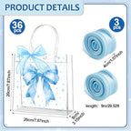QOUBAI 36 Pcs Bow Clear PVC Gifts Bags with Handles Bowknot Party Favors Plastic Candy Treat Tote Bag Bulk Reusable Bow Goodie Bag Set with 3 Rolls of Ribbon for Wedding Birthday Baby Shower(Blue) - Image 2