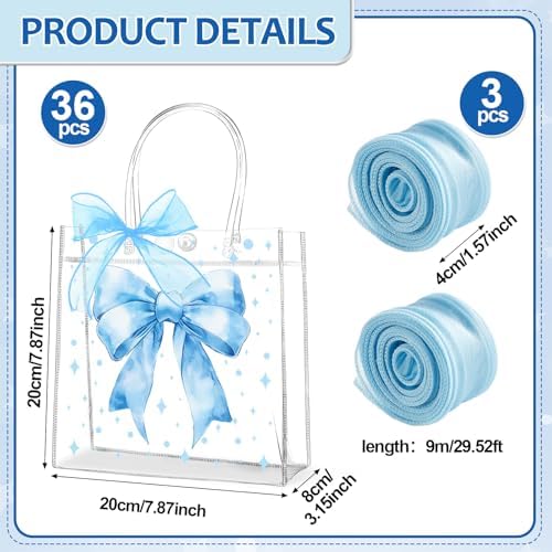 QOUBAI 36 Pcs Bow Clear PVC Gifts Bags with Handles Bowknot Party Favors Plastic Candy Treat Tote Bag Bulk Reusable Bow Goodie Bag Set with 3 Rolls of Ribbon for Wedding Birthday Baby Shower(Blue) - Image 2