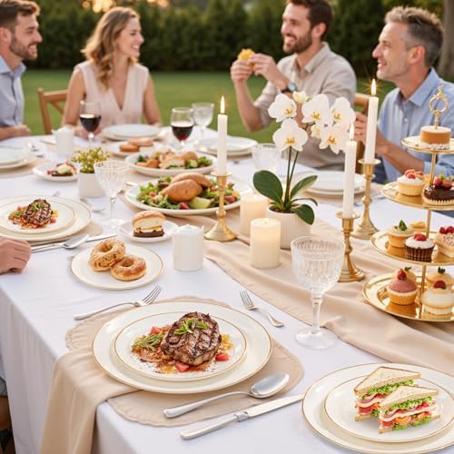 bUCLA 100PCS Ivory Plastic Plates with Gold Rim - Heavy Duty Cream Disposable Include 50 Dinner 10 inch & 50 Dessert 7 inch, for Party & Wedding - Image 3